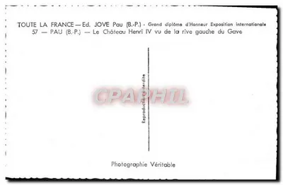 O Castelo Henri IV visto da margem esquerda do Gave — Toute la France — Ed. JOVE Pau (B.P.) — n° 57 — Verso