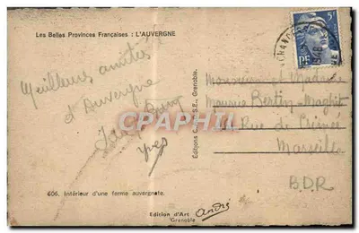 Wnętrze wiośnianej fermy — Les Belles Provinces Françaises : L'Auvergne — Wydawnictwo C.A.D.S.E. Grenoble, nr 606 — Rewers