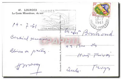 De Mirakelgrot, 's nachts — Lourdes — Uitgave P. Doucet, n°47 — Achterkant