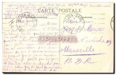 Wybuch obusu howitzera 420 m/m znanego jako "La Marmite" — Wojna Moderna 1914 — Lotnicy w rozpoznawaniu sygnalizujący przeciwnikową kawalerię — Wydawca: Cie. de la Photographie et de la Lithographie, Dijon — Rewers