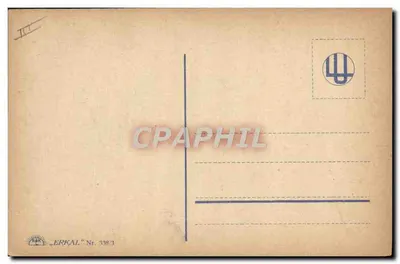 Mulher com chapéu decorado com rosas — buquê de lavanda — desenho assinado 'USOBA' — editor ERKAL, n° 338/3 — Verso