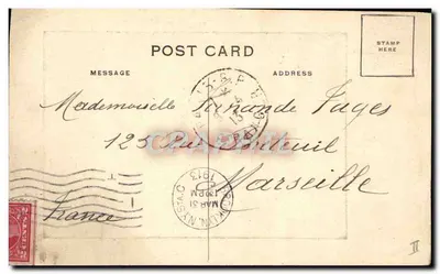 Mujer sentada en un sillón rayado — 1 de abril de 1913 — C. P. M. (C. P. M.) — Reverso