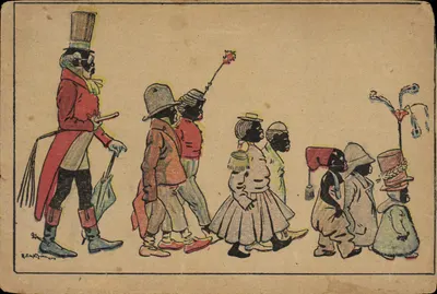 Marche de personnages en costume — scène caricaturale — éditeur R. F. H. G. Impr. 1900