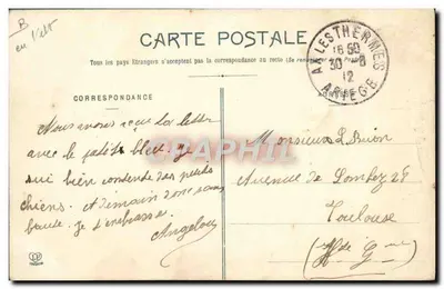 Pâtre des Pyrénées — homme en tenue de montagne avec bâton et chien — Phototypie Ladouche Frères, Toulouse, n°837 — Verso