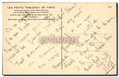 Panorama rzeki Seiny, Katedra Notre-Dame i Panthéon — widok z wieży Świętego Gervasia — wydawca MONA, nr 171 — Rewers