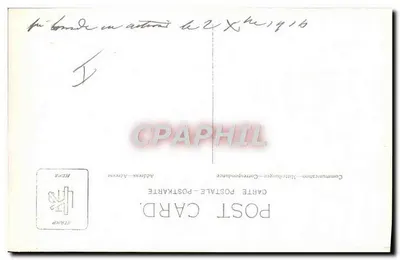 Campo militar com canhão e antenas — carta postal datada 1916 — Verso