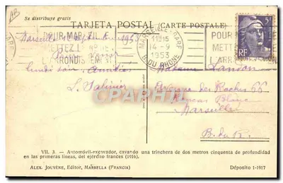 Automobile-excarvateur — scène de tranchée — éditeur ALEX. JOUVÈNE, MARSELLA (FRANCE) n° VII.3 — Verso
