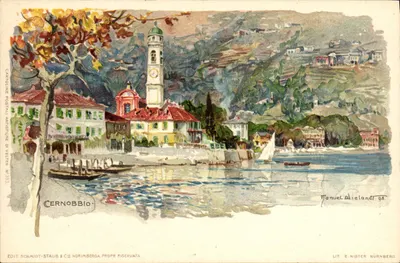 Cernobbio — vista do lago com igreja — Schmidt-Staub & Cie, Nürmberg, n° 393
