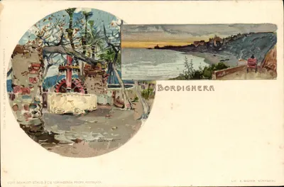 Bordighera — vista da costa e do porto — Manuel Dielands — Ed. Schmidt-Staub & Cie, Nürnberg