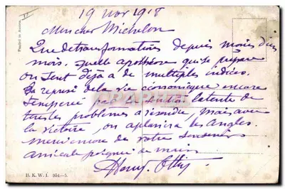 Dois homens sob um guarda-chuva — ruínas antigas no fundo — editor B.K.W.I. n° 354-5 — Verso