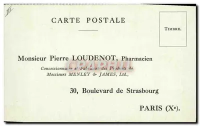 Bilhete para uma amostra de IODEX — Sr. Pierre LOUDENOT, Farmacêutico em Paris — Verso