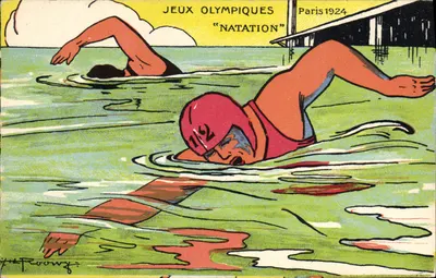 Jogos Olímpicos — Natação — Paris 1924 — Ilustração de Jack Rooney