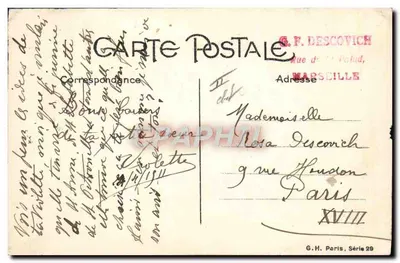 Mulher elegante com cachorro — ilustração assinada 'Plumy' — G.H. Paris, Série 29 — Verso