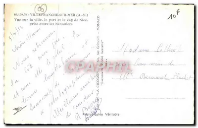 विल्लेफ्रांच-सूर-मर — शहर, बंदरगाह और निस के कैप की दृश्य — बैंगन के पेड़ों के बीच ली गई — प्रकाशक ला सिकोग्ने, श्रृंखला 08.139.59 — पीछे