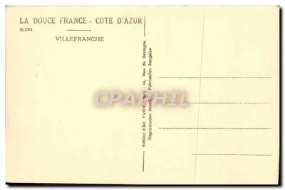 Villefranche-sur-Mer — widok portu i wzgórzy — Wydawnictwo Sztuki YVON, n°2/191 — Rewers