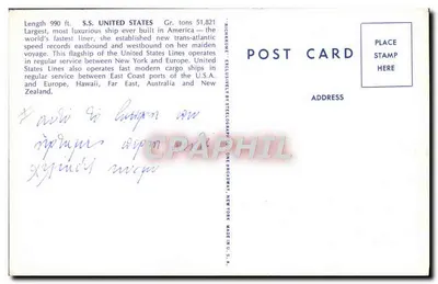 S.S. UNITED STATES — największy statek pasażerski zbudowany w Stanach Zjednoczonych — wydawca Richrome — Rewers