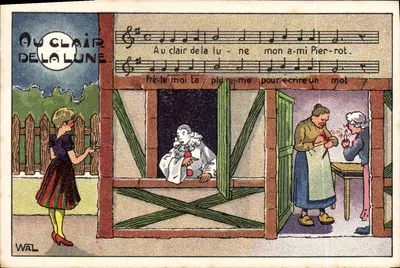Au Clair de la Lune — scena nocna z parą i muzykiem — wydawca WAL