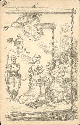Temat historyczny — egzekucja kobiety i dziecka — rysunek A. Willette 1915