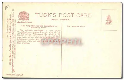 O Rei inspeciona os Canadenses na Salisbury Plain — Tuck's Post Card, série 4326 — Verso