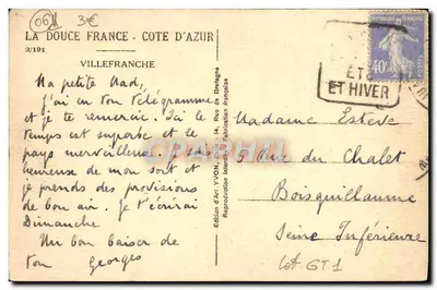 Villefranche-sur-Mer — widok portu i gór — Wydawnictwo Art Yvon, n° 06 — Rewers