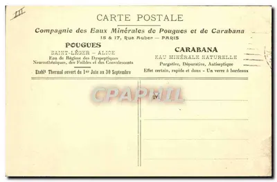Pouguès-les-Eaux — O Estabelecimento Termal e o Hotel Splendid — Compagnie des Eaux Minérales de Pouguès et de Carabana — Verso