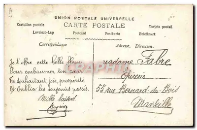 Pareja con cesto de flores — dedicatoria a Louise — editor SPR, Marsella — Reverso