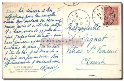 Młoda kobieta z Bethmale — Typy z Saint-Gironnais — Wydawnictwo Pyrénées-Océan, nr 167 — Rewers