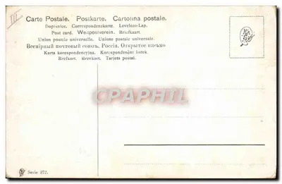 Lobo com um galinha e uma machadinha — cena noturna nevada — editor Union postale universelle, série 372 — Verso