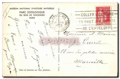 Leões e leonas em seu palco — Museu Nacional de História Natural, Parque Zoológico do Bois de Vincennes — Foto héliogravura Dranger Frères, n°153 — Verso