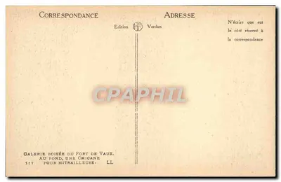 Drzewiana galeria Fortu Vaux — W tle, zasłona dla karabinu maszynowego — Wydawnictwo Verdun, nr 117 — Rewers