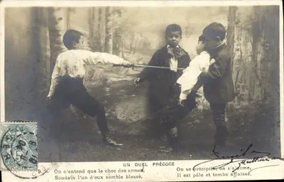 Um duelo precoce — cena de jovens garotos brincando com espada em um cenário de floresta — editor P. Guillot, série n° 632