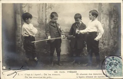 Um duelo precoce — quatro crianças brincando com espadas — editor Guilmot, série 7