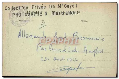 Soldados alemães e uma criança nas ruínas — Coleção privada de M. Guyot — Fotógrafo com ilustração — Verso