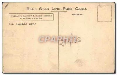 S.S. Almeda Star — Carte postale Blue Star Line — editor Blue Star Line — Verso