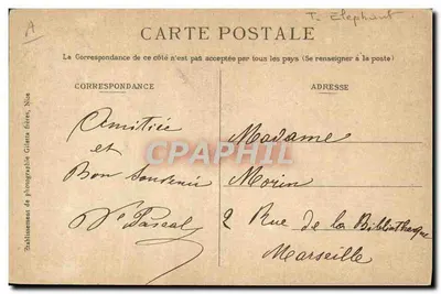 Carnaval de Nice 1909 — Carro do Elefante — Sidro e Lunghi, Construtores. — Verso
