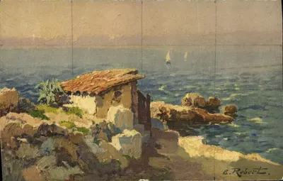 Vista do mar — cabana sobre rochedos — E. Robert