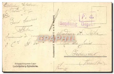 Innenansicht eines Kriegsgefangenenlagers — Kriegsgefangenen-Lager Ludwigsburg-Egloshelm — Verlag Künstanstalt E. Sulzberger G.m.b.H. Stuttgart — Rückseite