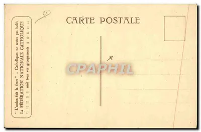 Eet duur brood — karikatuur van een arbeider — Federatie Nationale Katholiek, 36 rue du Montparnasse, PARIJS (VIe) — Achterkant