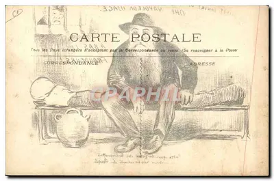 Napoléon usage ! — caricature d'un homme barbu assis sur un banc, avec un prisonnier derrière des barreaux et un pot à côté — éditeur non imprimé sur la carte — Achterkant