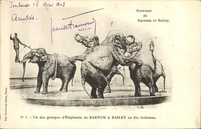 Groupe d'éléphants de Barnum & Bailey en file indienne — Souvenir de Barnum et Bailey — Imp. Courmont frères, Paris, N° 1