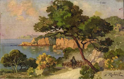 Paisagem costeira — pastor com rebanho — E. Robert, série STF No. 444