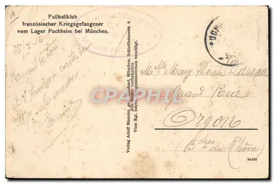 Club de fútbol de prisioneros franceses — Lager Puchheim cerca de Múnich — editor Adolf Manning, Múnich — Reverso