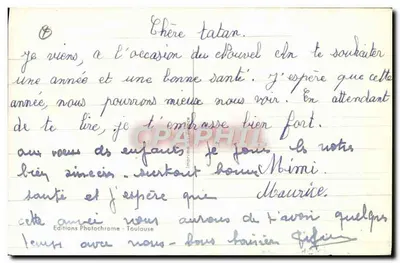 Dzieci jeżdżące na sankach z prezentem i bukietem — Rob-Vel — Wydawnictwo Photochrome - Toulouse — Rewers