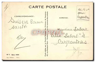 A pausa — Pintura de uma criança dormindo sobre uma pilha de feno com galinhas — Imprimerie Déchaux, Paris — Verso