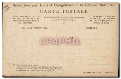 Soldado entusiasmado — Slogan de propaganda para os Bons da Defesa Nacional — Devambez, Imp. Paris, Viré N° 90 — Verso
