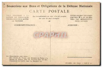 Soldado em ação — Apelo para subscrição dos Títulos da Defesa Nacional — Devambez, Imp. Paris, Vire N° 90 — Verso