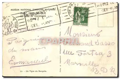 Bilhete postal antigo Tigre do Bengala Zoológico de Vincennes — Verso