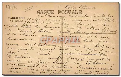 Statek SS Braga — Fabre Line — kartka pocztowa datowana 12/8/22 — Rewers