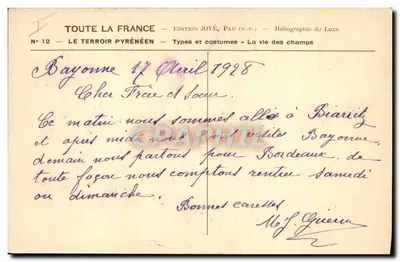 Bayonne — Tipos e trajes — A vida nos campos — Edição Jové, Pau (B.P.) — Verso