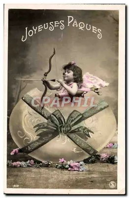 Cupido sobre ovo decorativo — Felizes Páscoas — editor S. n° 1809